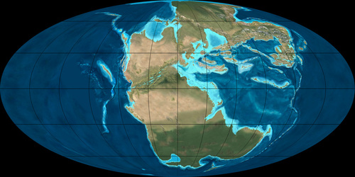 In the late Triassic period, 220 million years ago (220 mya), all the continents formed a single land mass called Pangaea.