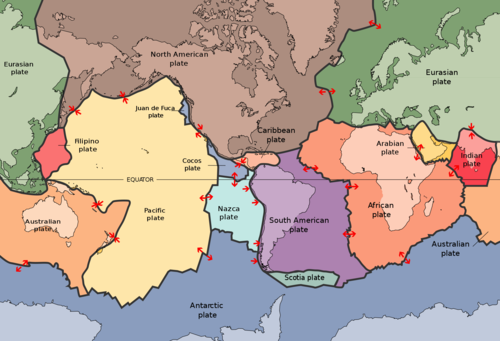 The 15 major plates with subduction and divergent
boundaries marked.